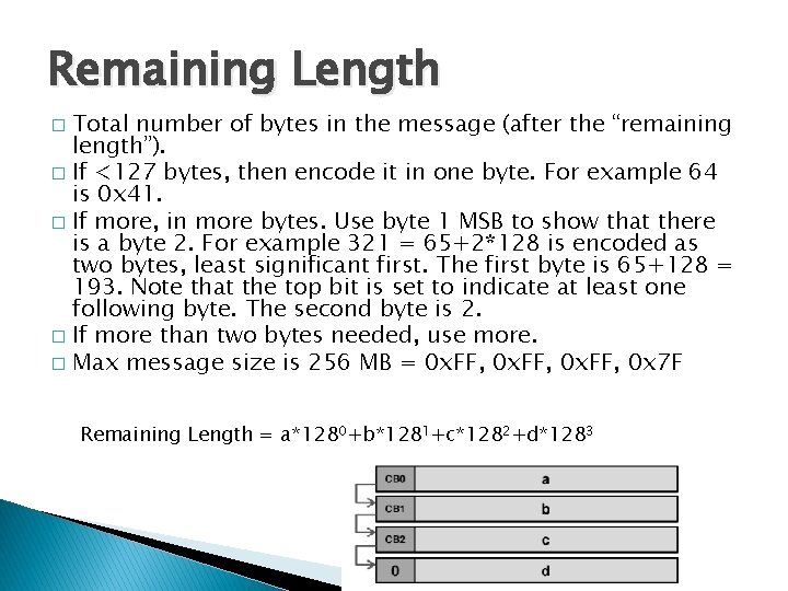 Remaining Length Total number of bytes in the message (after the “remaining length”). �