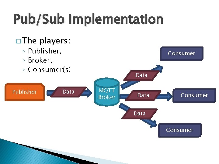 Pub/Sub Implementation � The players: ◦ Publisher, ◦ Broker, ◦ Consumer(s) Publisher Data Consumer