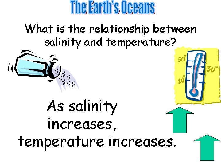 What is the relationship between salinity and temperature? As salinity increases, temperature increases. 