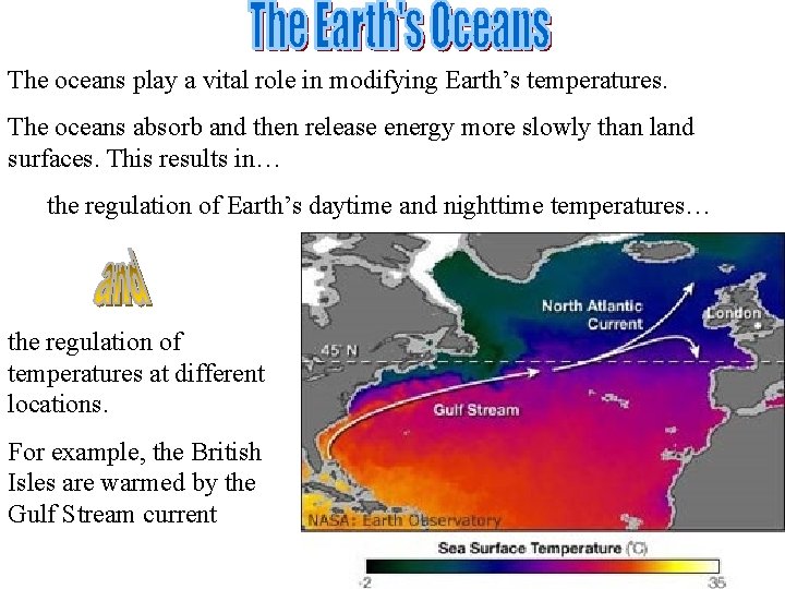 The oceans play a vital role in modifying Earth’s temperatures. The oceans absorb and