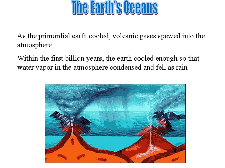 As the primordial earth cooled, volcanic gases spewed into the atmosphere. Within the first