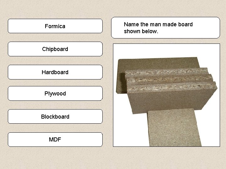 Formica Chipboard Hardboard Plywood Blockboard MDF Name the man made board shown below. 