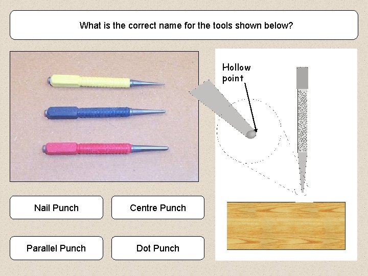 What is the correct name for the tools shown below? Hollow point Nail Punch