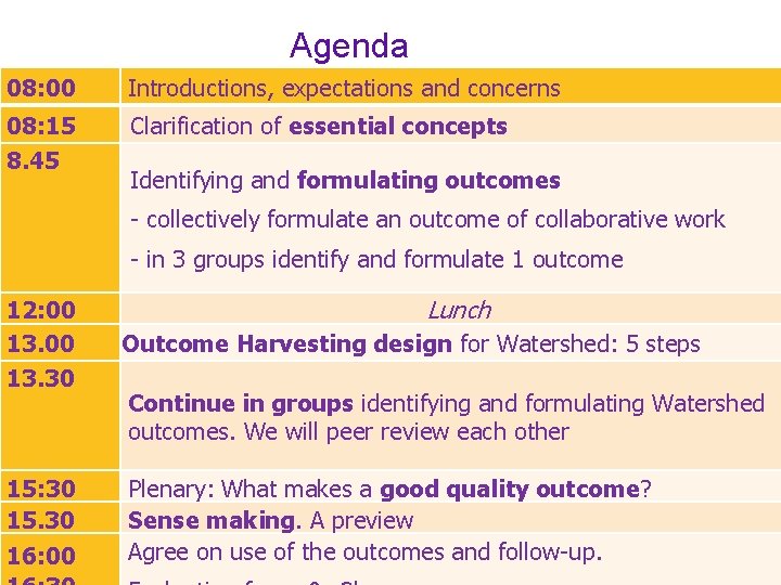 Agenda 08: 00 Introductions, expectations and concerns 08: 15 8. 45 Clarification of essential