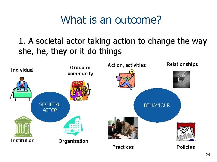 What is an outcome? 1. A societal actor taking action to change the way