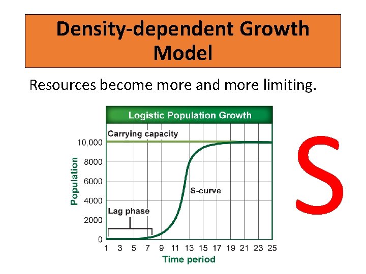 Density-dependent Growth Model Resources become more and more limiting. S 