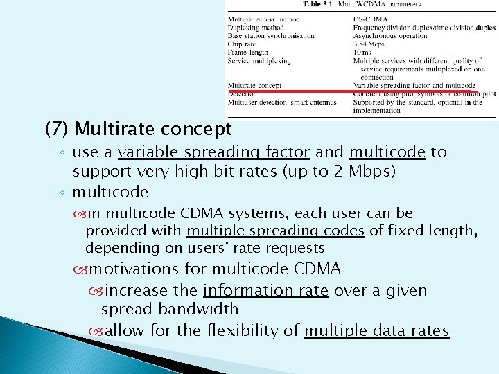(7) Multirate concept ◦ use a variable spreading factor and multicode to support very