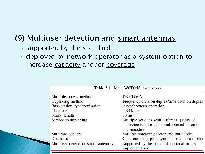 (9) Multiuser detection and smart antennas ◦ supported by the standard ◦ deployed by
