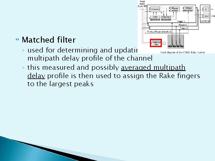 Matched filter ◦ used for determining and updating the current multipath delay profile