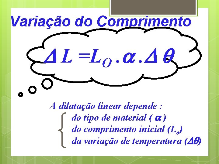 Variação do Comprimento L =LO. . A dilatação linear depende : do tipo de