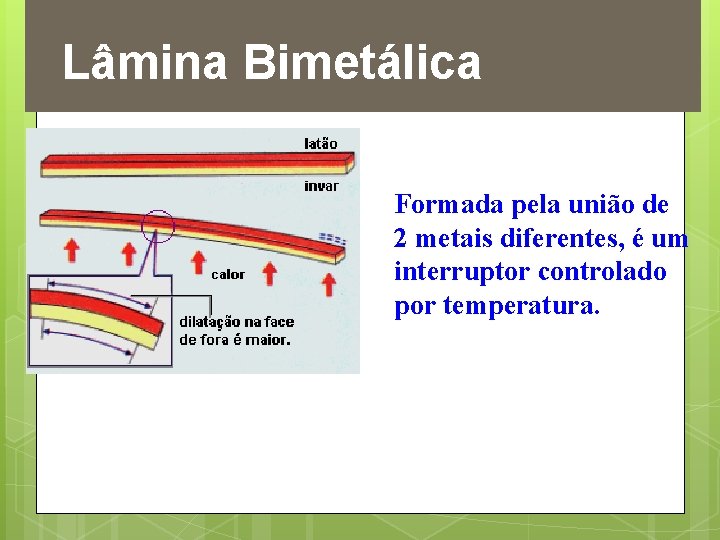 Lâmina Bimetálica Formada pela união de 2 metais diferentes, é um interruptor controlado por