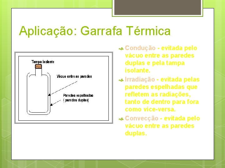 Aplicação: Garrafa Térmica Condução - evitada pelo vácuo entre as paredes duplas e pela