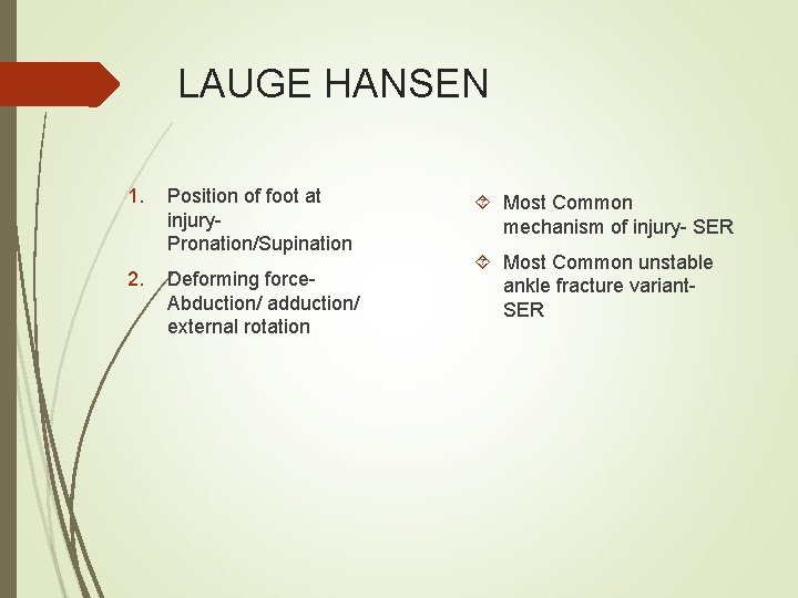 LAUGE HANSEN 1. 2. Position of foot at injury. Pronation/Supination Deforming force. Abduction/ adduction/