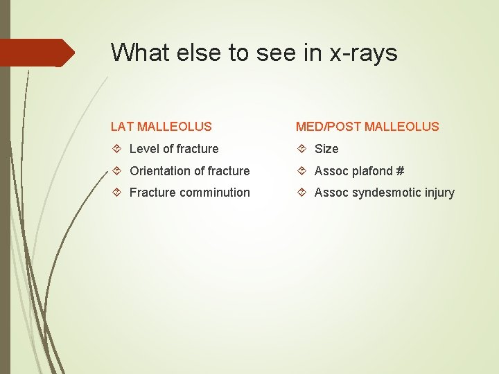 What else to see in x-rays LAT MALLEOLUS MED/POST MALLEOLUS Level of fracture Size