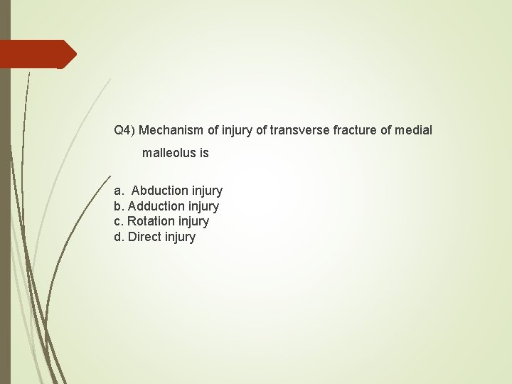 Q 4) Mechanism of injury of transverse fracture of medial malleolus is a. Abduction