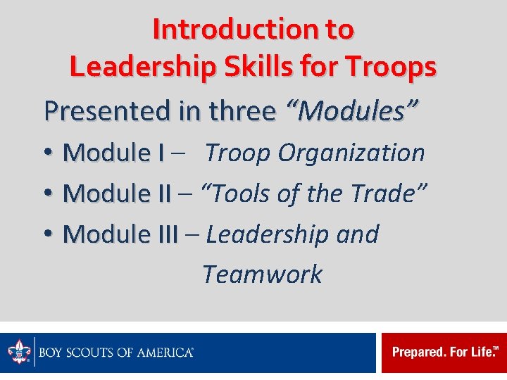 Introduction to Leadership Skills for Troops Presented in three “Modules” • Module I –