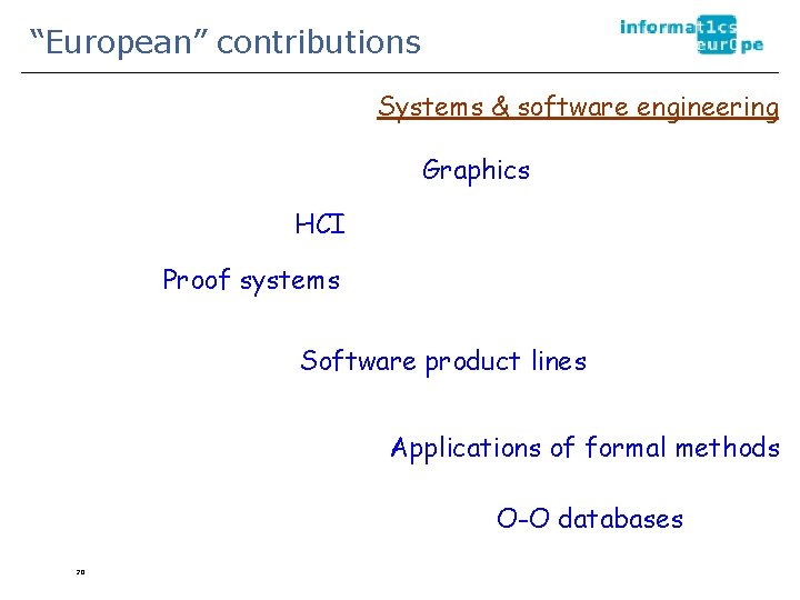 “European” contributions Systems & software engineering Graphics HCI Proof systems Software product lines Applications