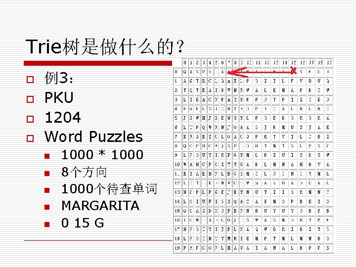 Trie树是做什么的？ o o 例3： PKU 1204 Word Puzzles n n n 1000 * 1000