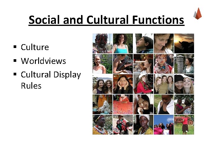 Social and Cultural Functions § Culture § Worldviews § Cultural Display Rules Social and Cultural Functions § Culture § Worldviews § Cultural Display Rules