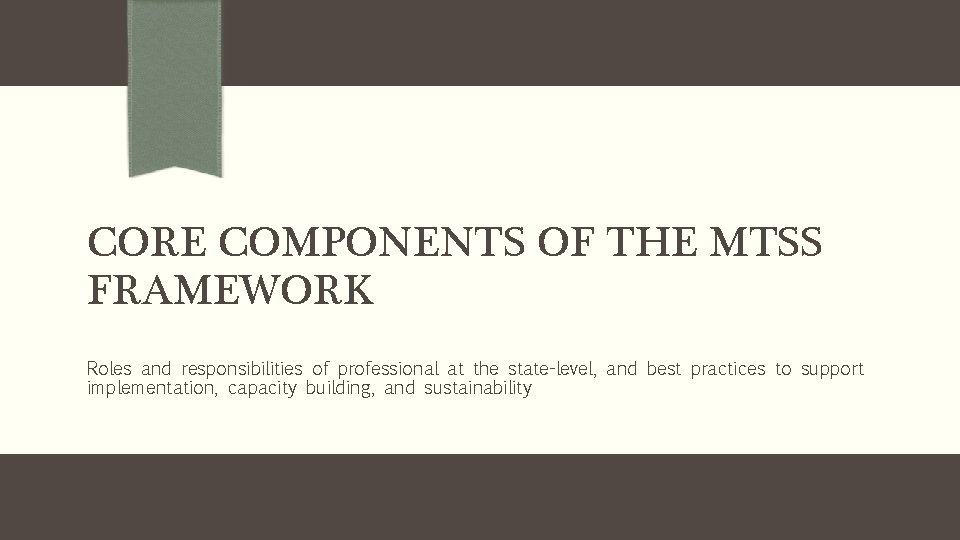 CORE COMPONENTS OF THE MTSS FRAMEWORK Roles and responsibilities of professional at the state-level,