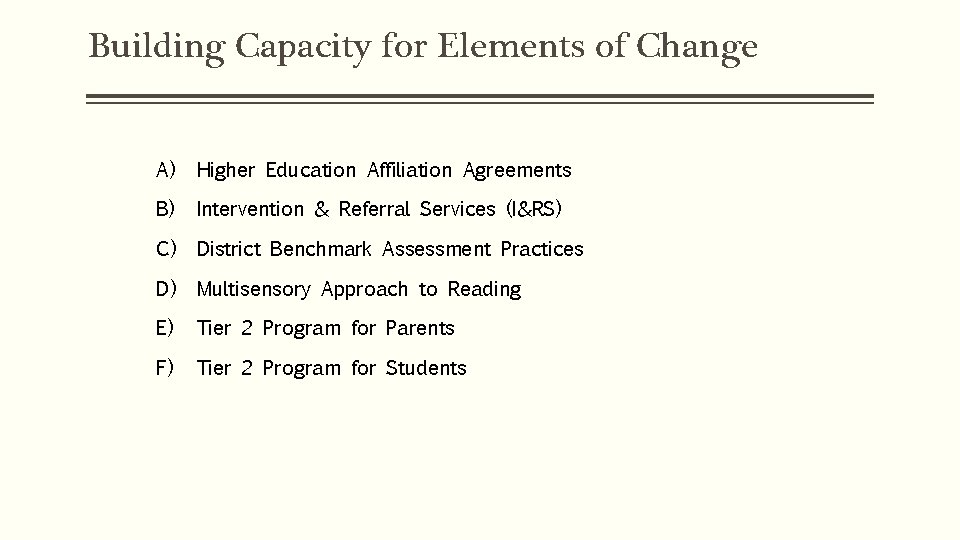 Building Capacity for Elements of Change A) Higher Education Affiliation Agreements B) Intervention &