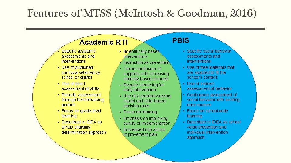 Features of MTSS (Mc. Intosh & Goodman, 2016) Academic RTI • Specific academic assessments