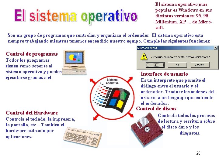 El sistema operativo más popular es Windows en sus distintas versiones: 95, 98, Millenium,