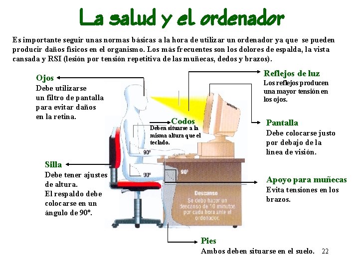 La salud y el ordenador Es importante seguir unas normas básicas a la hora