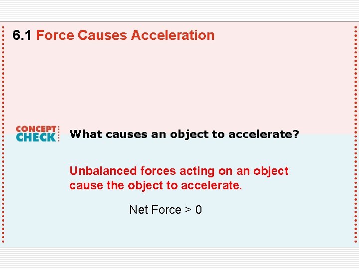 6. 1 Force Causes Acceleration What causes an object to accelerate? Unbalanced forces acting
