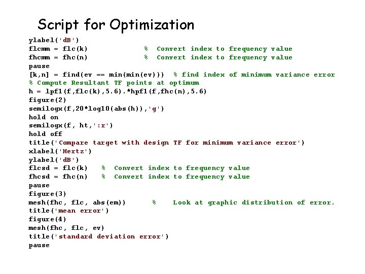 Script for Optimization ylabel('d. B') flcmm = flc(k) % Convert index to frequency value