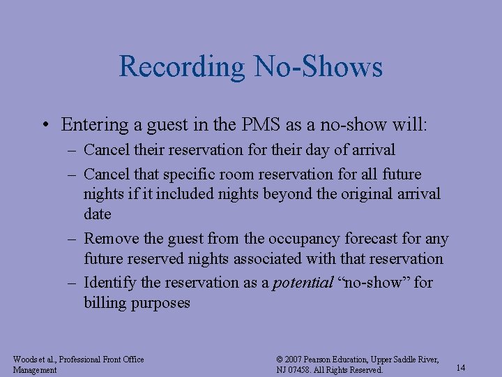 Recording No-Shows • Entering a guest in the PMS as a no-show will: –