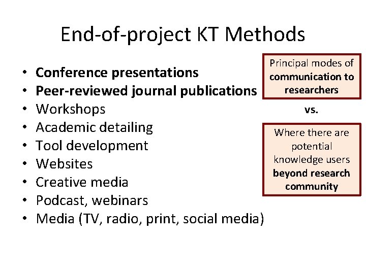 End-of-project KT Methods • • • Conference presentations Peer-reviewed journal publications Workshops Academic detailing
