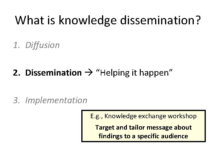 What is knowledge dissemination? 1. Diffusion 2. Dissemination “Helping it happen” 3. Implementation E.