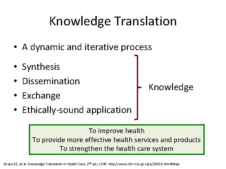 Knowledge Translation • A dynamic and iterative process • • Synthesis Dissemination Exchange Ethically-sound