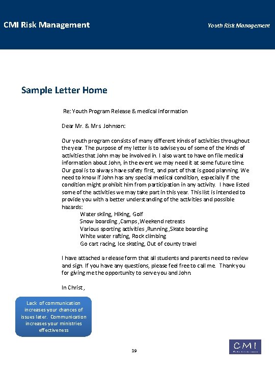 CMI Risk Management Youth Risk Management Sample Letter Home Re: Youth Program Release &