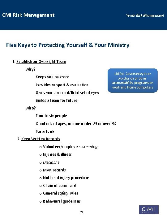 CMI Risk Management Youth Risk Management Five Keys to Protecting Yourself & Your Ministry