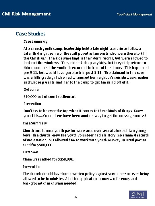 CMI Risk Management Youth Risk Management Case Studies Case Summary At a church youth