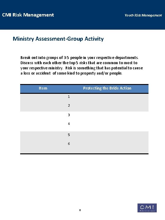 CMI Risk Management Youth Risk Management Ministry Assessment-Group Activity Break out into groups of