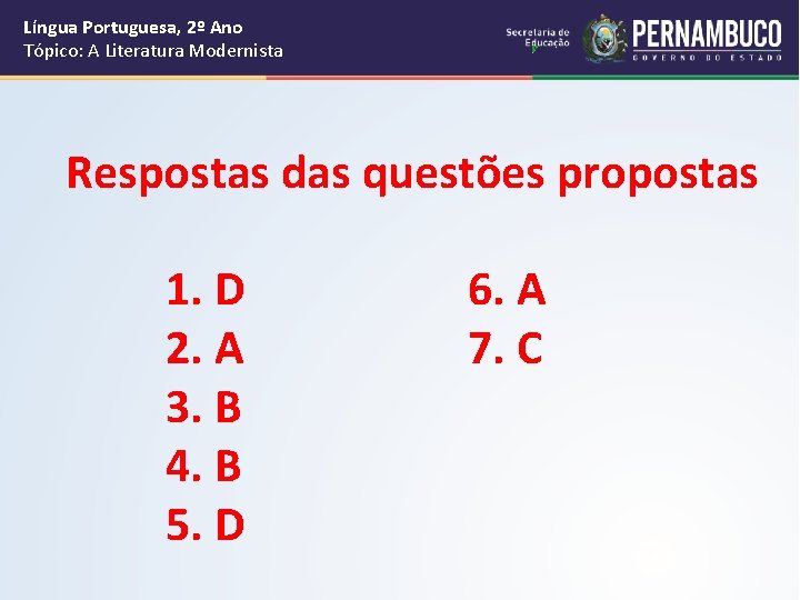 Língua Portuguesa, 2º Ano Tópico: A Literatura Modernista Respostas das questões propostas 1. D