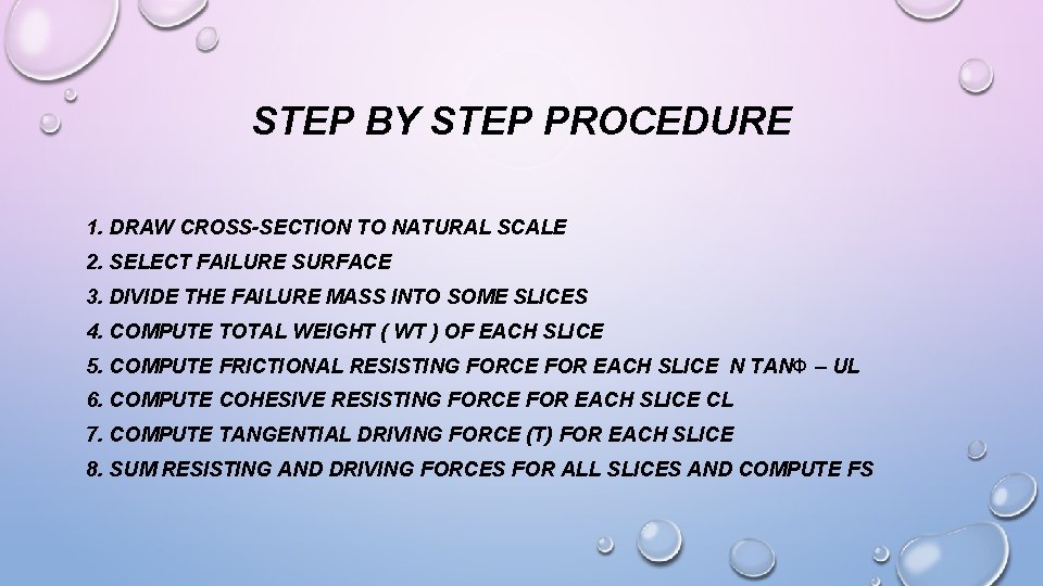 STEP BY STEP PROCEDURE 1. DRAW CROSS-SECTION TO NATURAL SCALE 2. SELECT FAILURE SURFACE