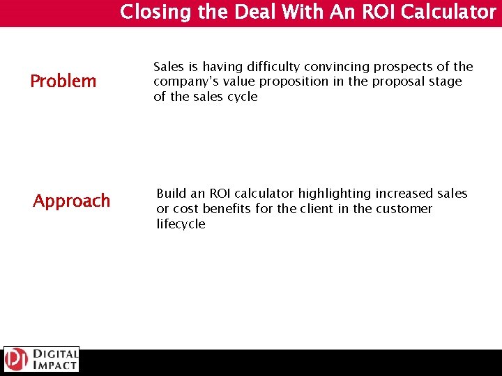 Closing the Deal With An ROI Calculator Problem Approach Sales is having difficulty convincing
