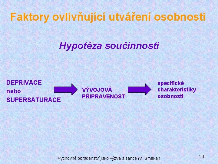 Faktory ovlivňující utváření osobnosti Hypotéza součinnosti DEPRIVACE nebo SUPERSATURACE VÝVOJOVÁ PŘIPRAVENOST specifické charakteristiky osobnosti Faktory ovlivňující utváření osobnosti Hypotéza součinnosti DEPRIVACE nebo SUPERSATURACE VÝVOJOVÁ PŘIPRAVENOST specifické charakteristiky osobnosti