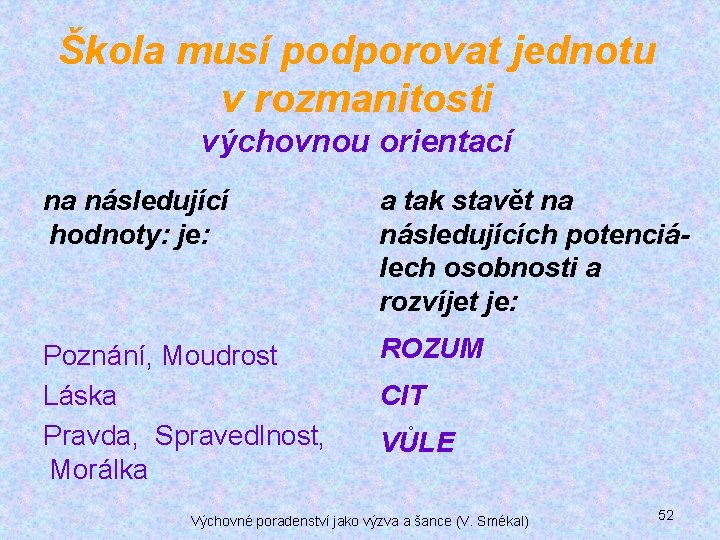 Škola musí podporovat jednotu v rozmanitosti výchovnou orientací na následující hodnoty: je: a tak Škola musí podporovat jednotu v rozmanitosti výchovnou orientací na následující hodnoty: je: a tak