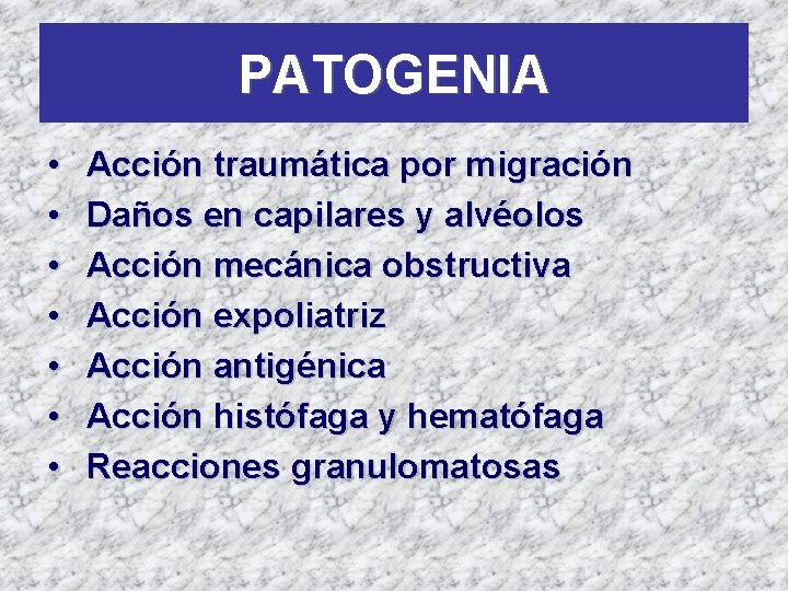 PATOGENIA • • Acción traumática por migración Daños en capilares y alvéolos Acción mecánica