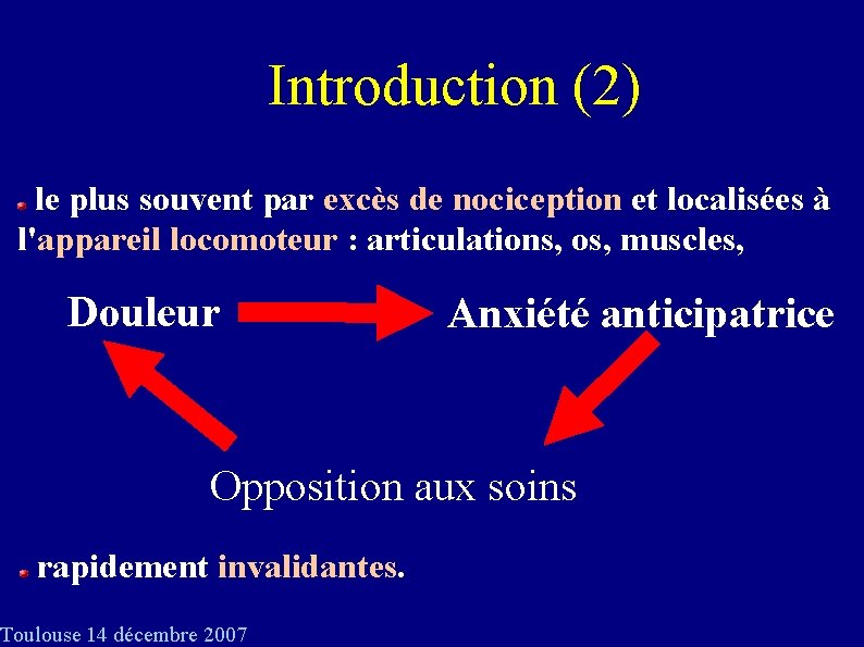 Introduction (2) le plus souvent par excès de nociception et localisées à l'appareil locomoteur