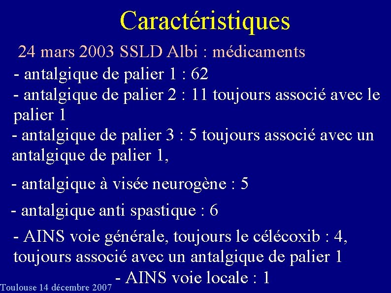 Caractéristiques 24 mars 2003 SSLD Albi : médicaments - antalgique de palier 1 :