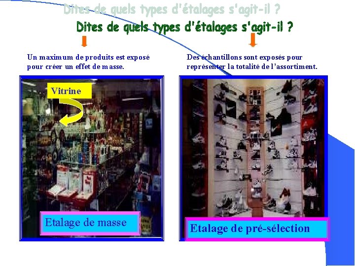 Un maximum de produits est exposé pour créer un effet de masse. Des échantillons Un maximum de produits est exposé pour créer un effet de masse. Des échantillons