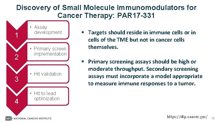 Discovery of Small Molecule Immunomodulators for Cancer Therapy: PAR 17 -331 1 2 3