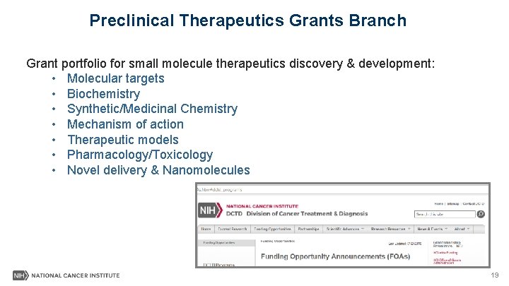 Preclinical Therapeutics Grants Branch Grant portfolio for small molecule therapeutics discovery & development: •
