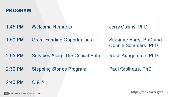 PROGRAM 1: 45 PM Welcome Remarks Jerry Collins, Ph. D 1: 50 PM Grant